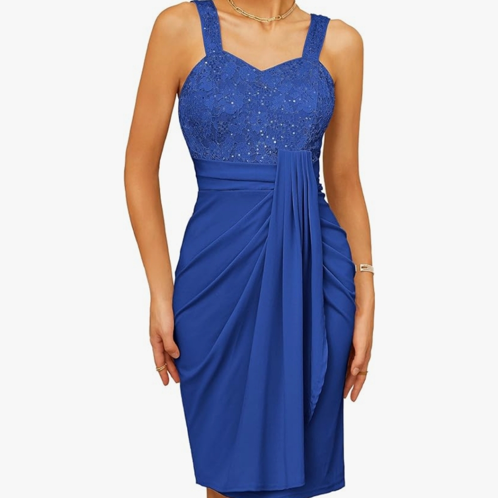 Grace Karin Blue Lace Sequin Dress Size M Scuba Pencil Sheath